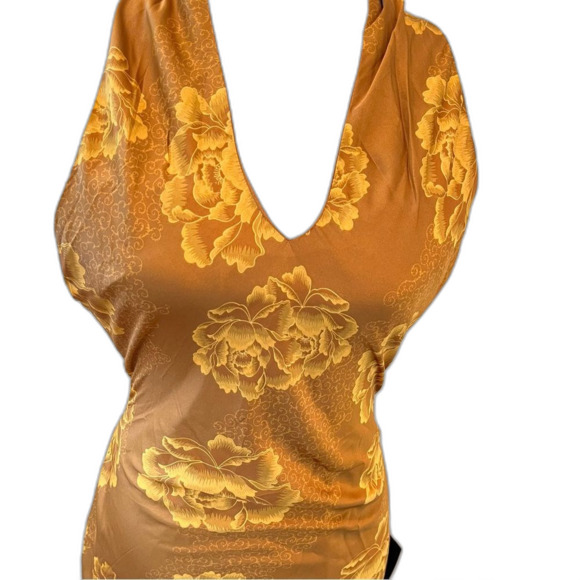 Lulus Luminous Darling Dark Gold Satin Floral Halter Midi Dress Medium NWT - Picture 2 of 5